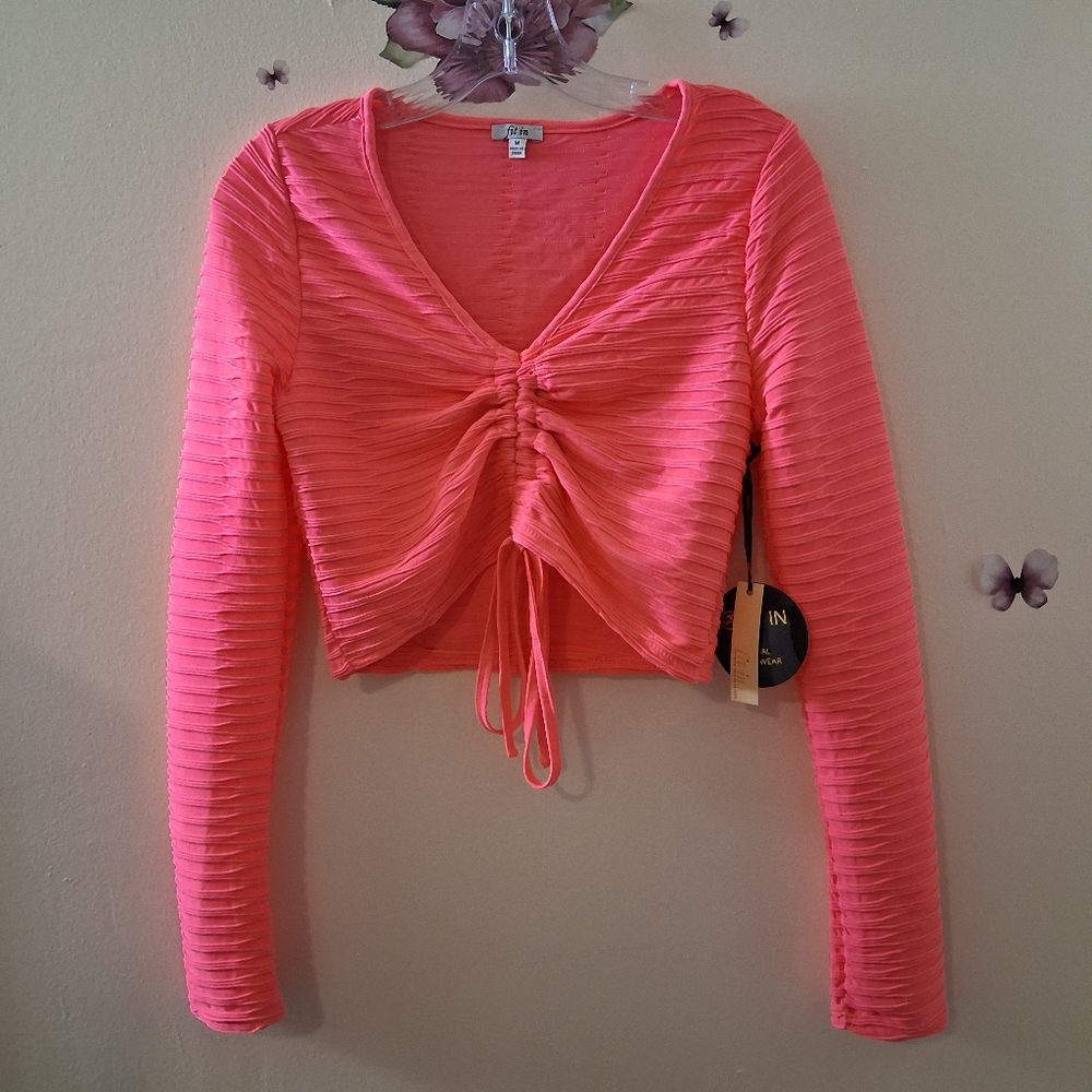 Hot Pink Ribbed Crop Top Medium Long Sleeve Athletic NWT
